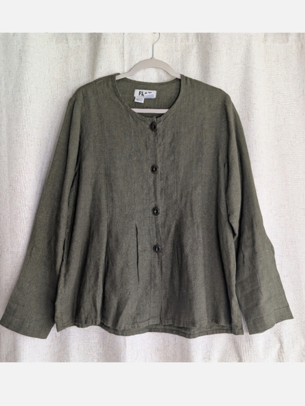 FLAX  Olive Green Linen Button Front Top Size Small